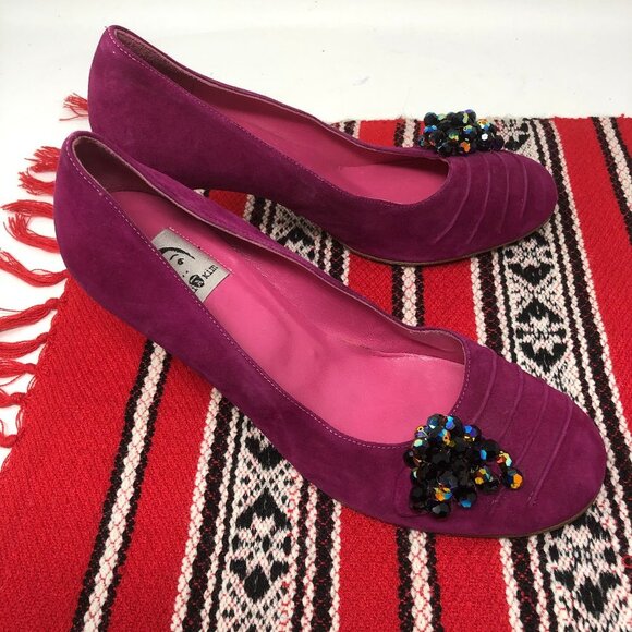 Eugenia Kim Pink Suede Round Toe Beaded Heels 37 - Picture 1 of 11